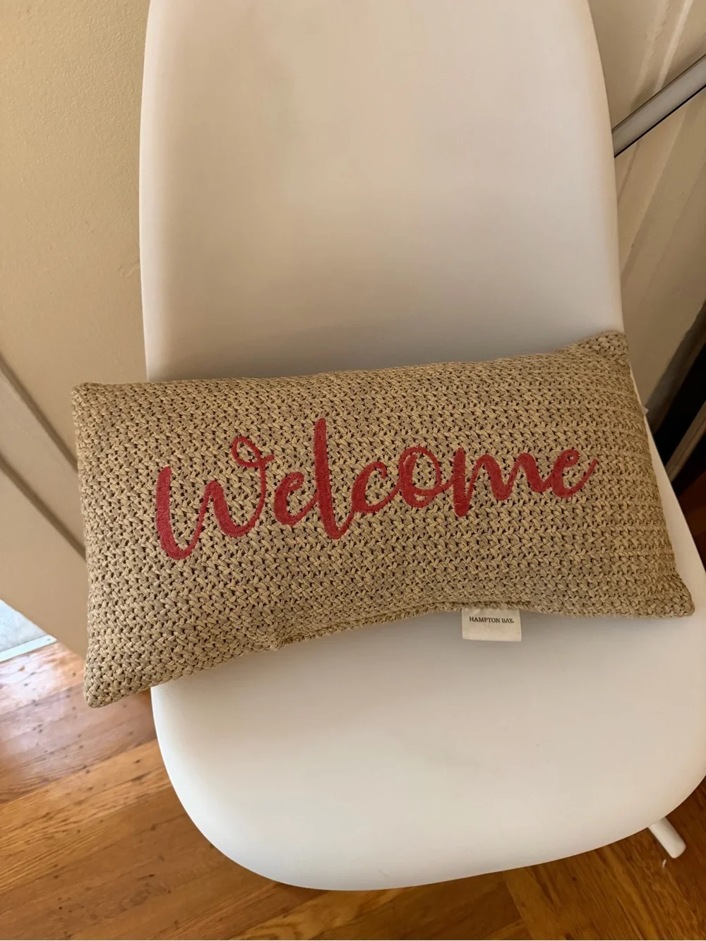 Embroidered Welcome Jute-Style Accent Pillow – Natural with Red Script